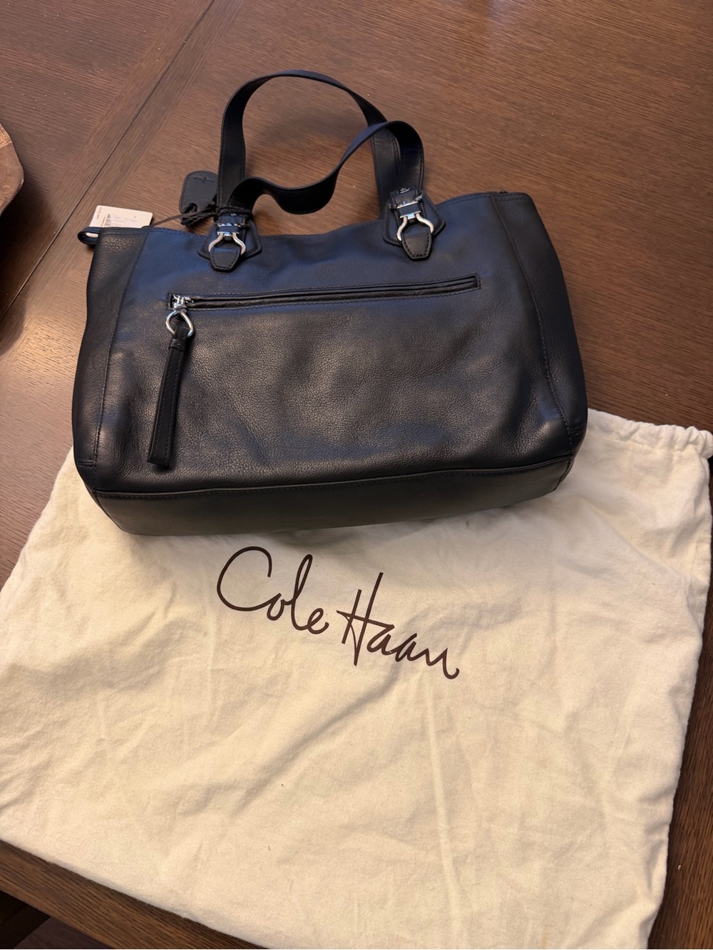 Cole Haan Black Leather Shoulder Tote with Front Zip